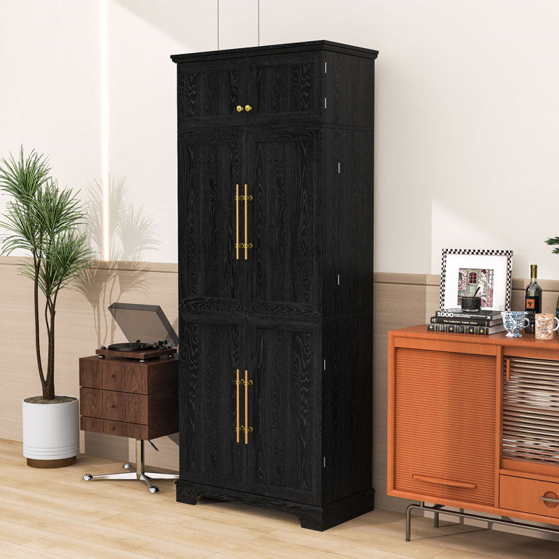 Armoire de cuisine moderne avec tiroir caché, tablettes réglables, support à vin et conception anti-basculement, Noir cendré