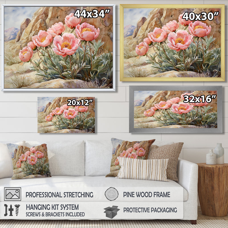 Koryn pivoines dans les contreforts rocheux I - pivoines, art mural pour le salon, Reproduction encadrée d'une seule photo
