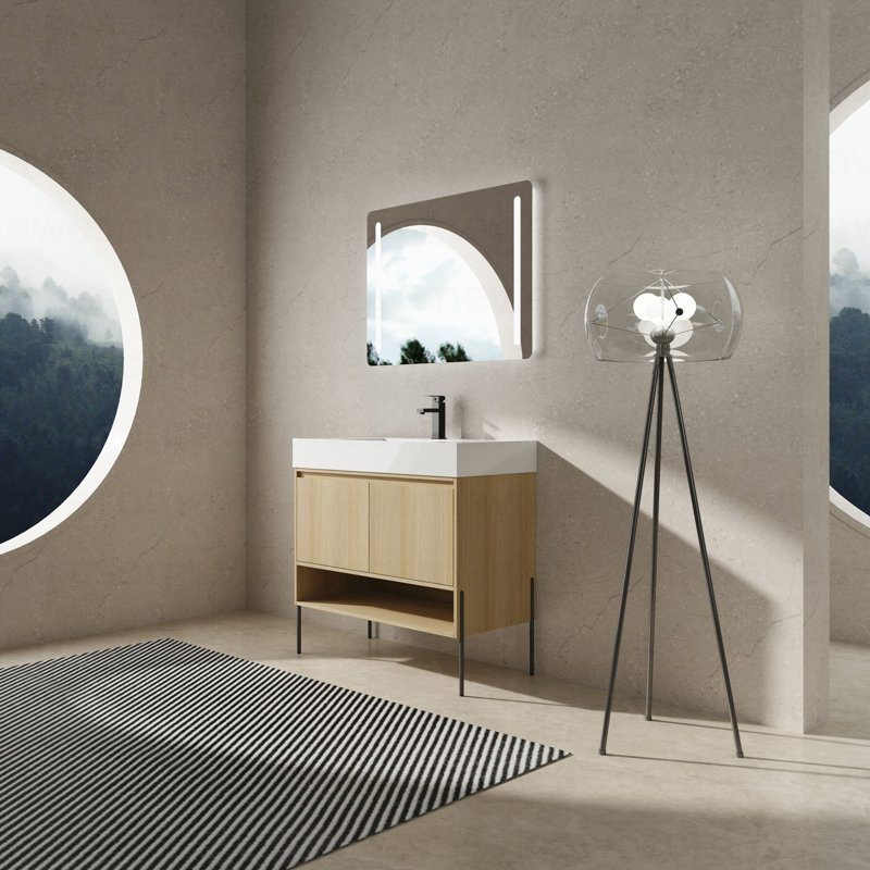 Ensemble de meuble-lavabo 36 po avec lavabo simple en résine, ensemble d'armoires de rangement modernes 2 portes, bois massif multicouche, chêne