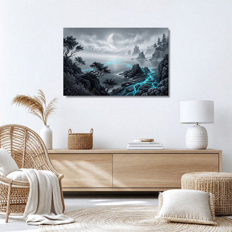 Rivière bleue lumineuse coulant le long d'une côte rocheuse, sous une toile murale, 16"H x 24"W