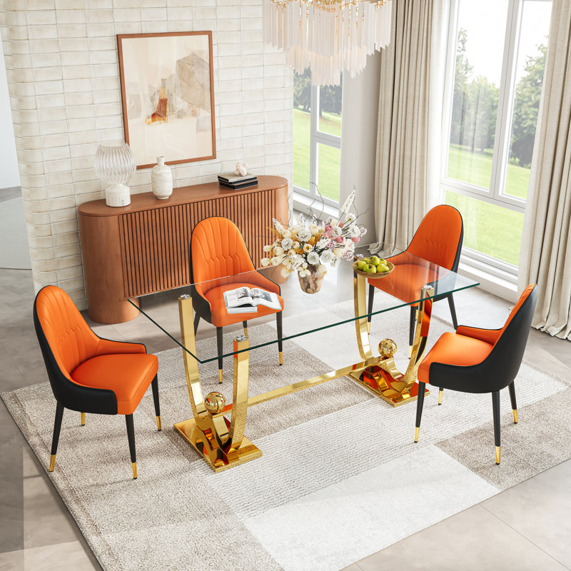 Modern Rectangular Glass Dining Table Set, Tempered Glass Top, Polished Stainless Steel W-Shaped Base, Faux Leather Chairs
