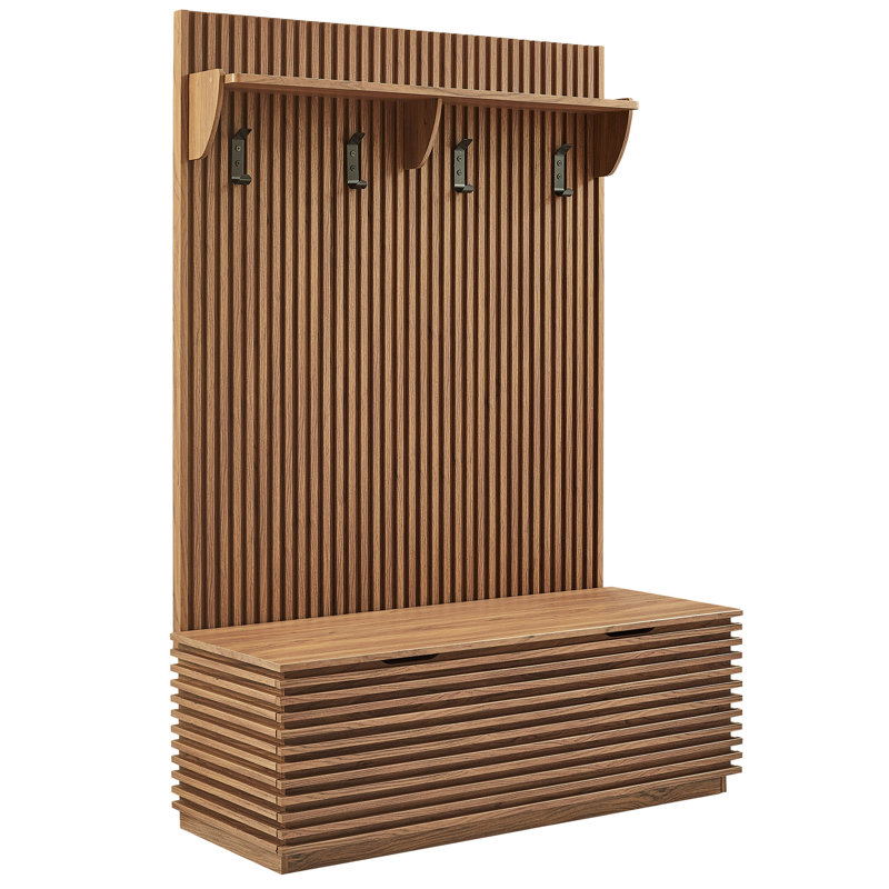 Render Fluted 3-in-1 Hall Tree With Storage Bench and Coat Rack In Walnut, Walnut