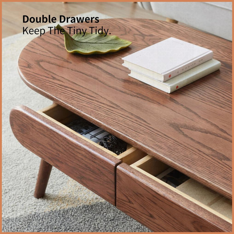 Table basse en chêne naturel massif avec 2 tiroirs - Table de salon ovale moderne, stable et amp; Assemblage facile