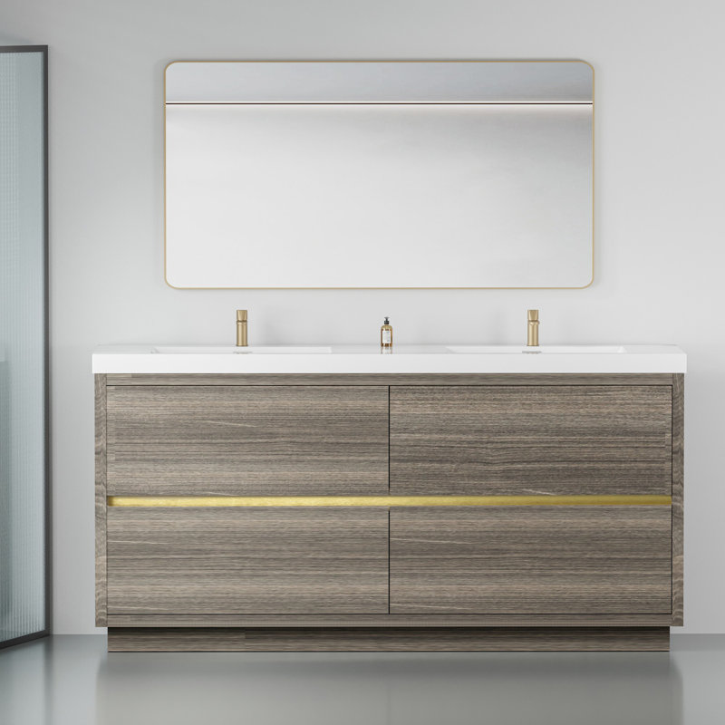 Meuble-lavabo autoportant avec lavabos doubles, Bois de frêne gris