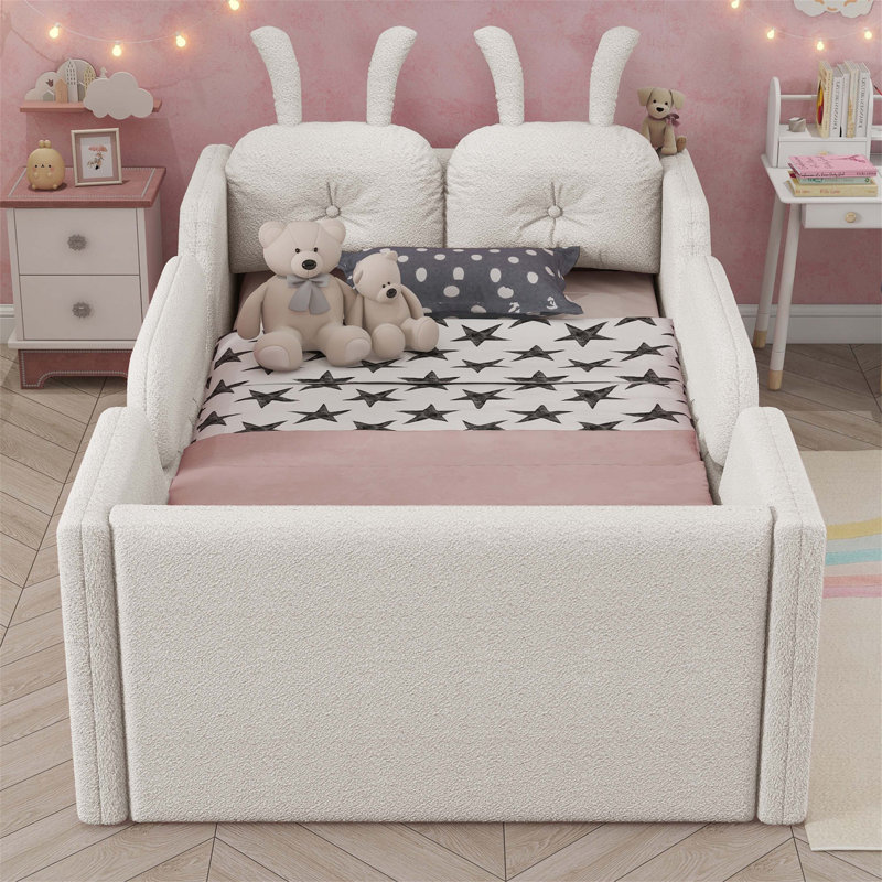 Twin Size Upholstered Platform Bed With Rabbit Cushion, Removable Side Rails For Kids, Soft Teddy Fabric, No Box Spring Needed
