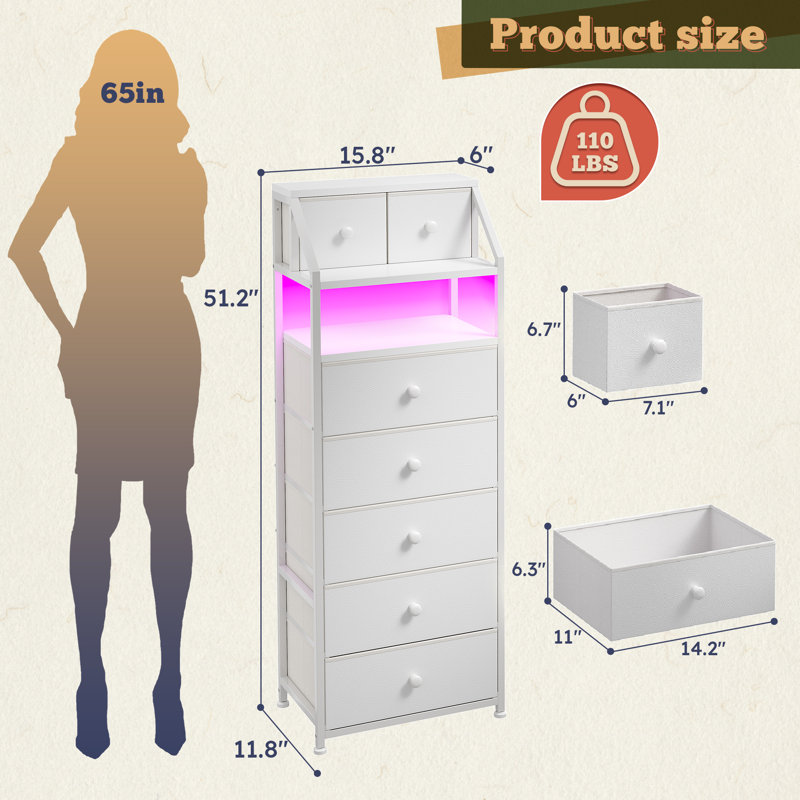Tall 7-drawer Storage Cabinet With Rgb Led Lighting, Modern Organizer With Open Shelf For Bedroom Living Room,White, White