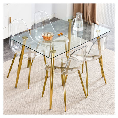 Modern Transparent Dining Chair - Armless Nordic Style Clear Acrylic Chair with Plated Metal Legs for Kitchen & Dining Room