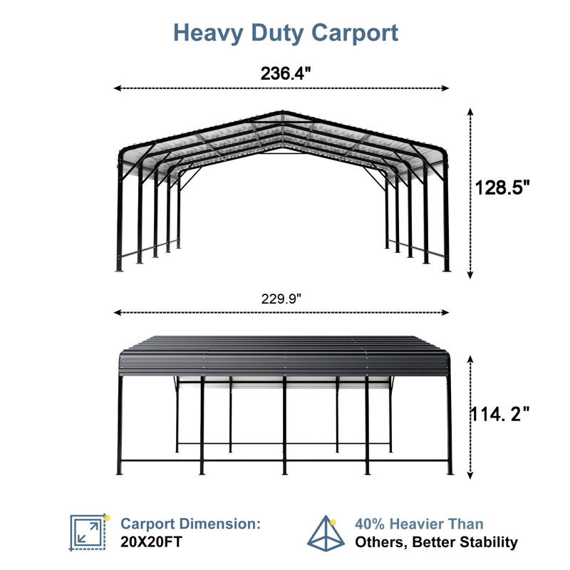 20 ft. W x 20 ft. D Metal Carport for Two Cars, Heavy-Duty Steel Frame, Outdoor Canopy Shelter