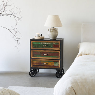Industrial Nightstand with Wheels, 3-Drawer Side Table, Rustic Wood and Metal, Distressed Finish