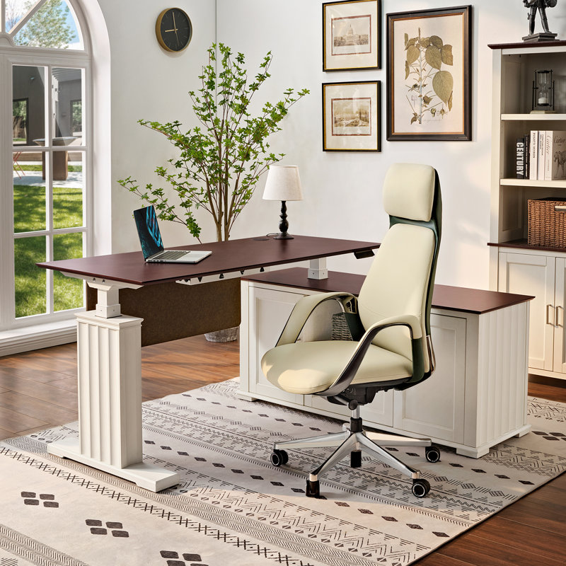 Modern Executive Office Set – Ashantey 60" L-Shaped Height Adjustable Desk & Demitrice Faux Leather Chair With Headrest