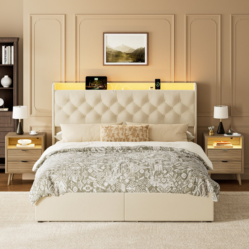 3 Piece Bedroom Sets, Upholstered Bed With 4 Drawers& 2 Wave-Patterned Nightstand, Beige/Oak, Full