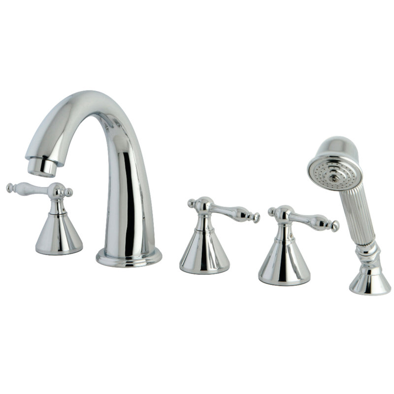 Robinet de baignoire romaine à trois poignées à fixation sur le comptoir à 5 trous avec douche à main Kingston Brass Naples