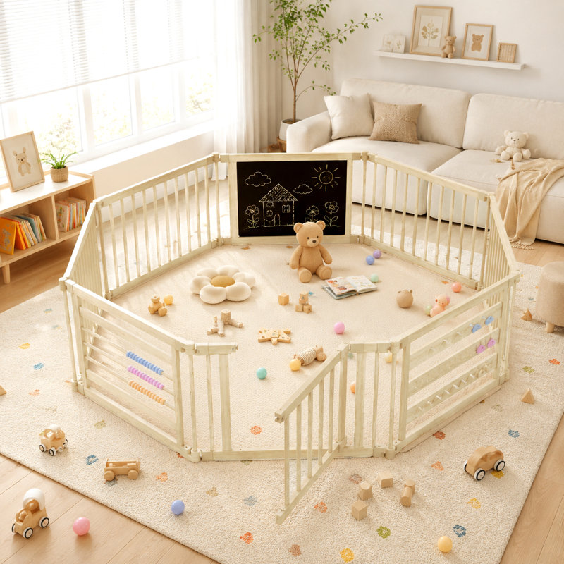 Parc pour bébé à 8 panneaux en bois massif - Coffre-fort pliable pour enfants, 24" H x 56" W x 56" D