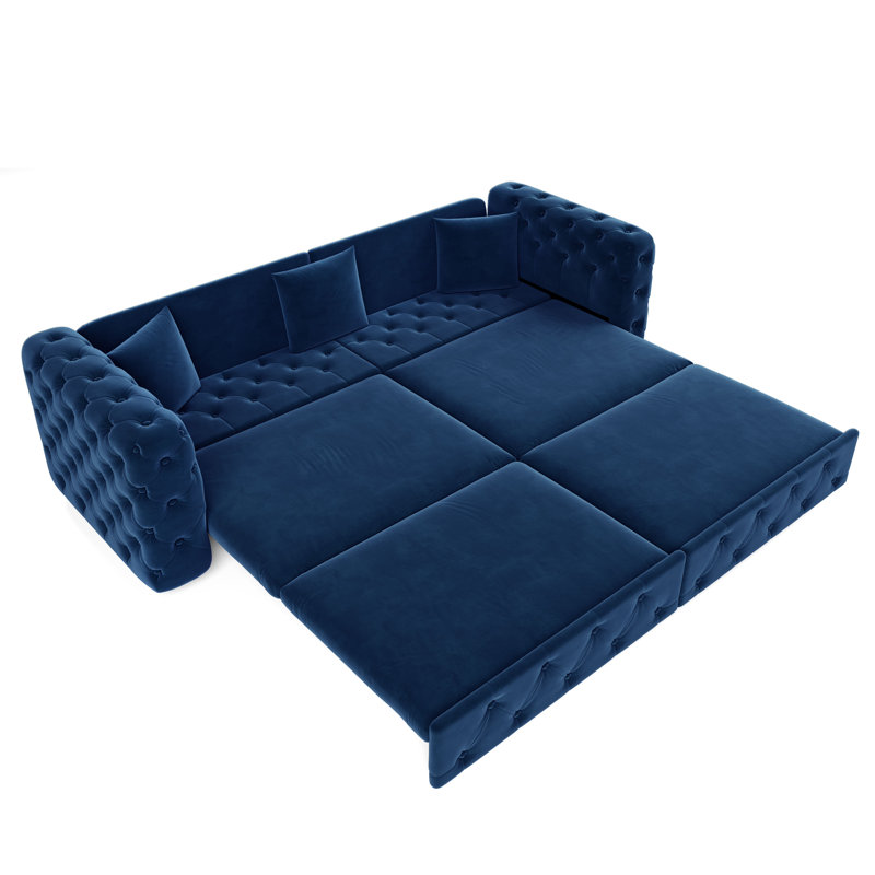 Canapé-lit de 226 cm, canapé-lit 3 en 1, canapé-lit convertible 4 places, canapé Chesterfield capitonné en velours avec 3 coussins décoratifs, bleu