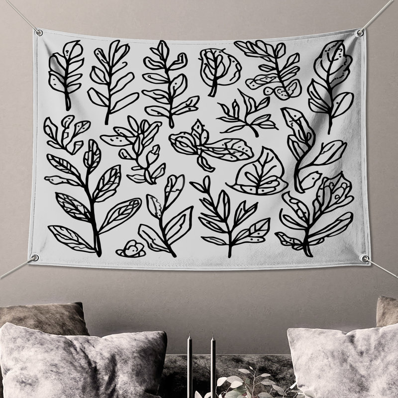 Tapisserie murale feuilles botaniques noires - décoration murale botanique, H 104 po x 88 avec 4 œillets