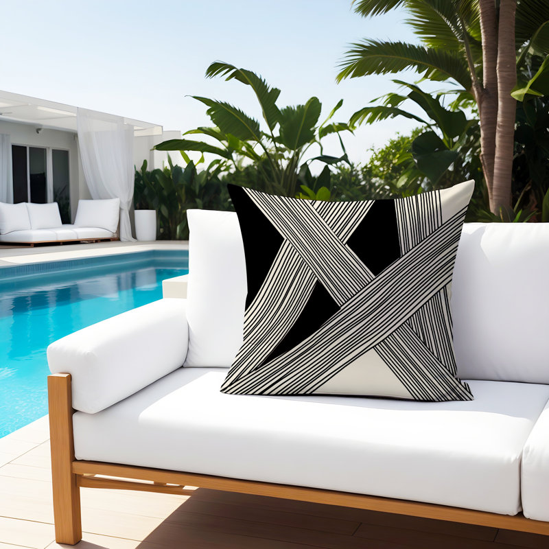 Cassie Abstract Outdoor Reversible Throw Pillow, 15"H x 15"W, Black/Cream/Black
