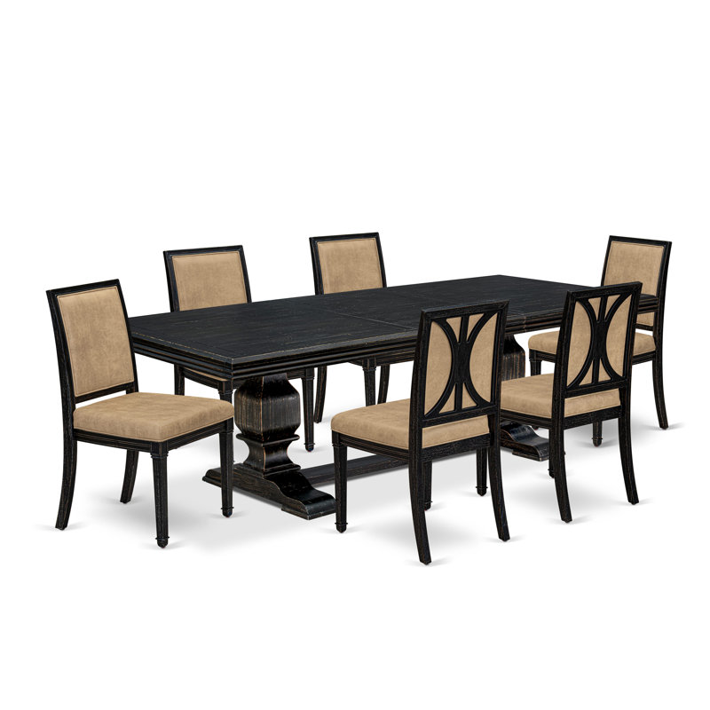 7-piece Modern Dining Table Set includes a Dining Table and 6 Beige PU Leather Kitchen Chairs with High Back - Sand Blasting Black Finish