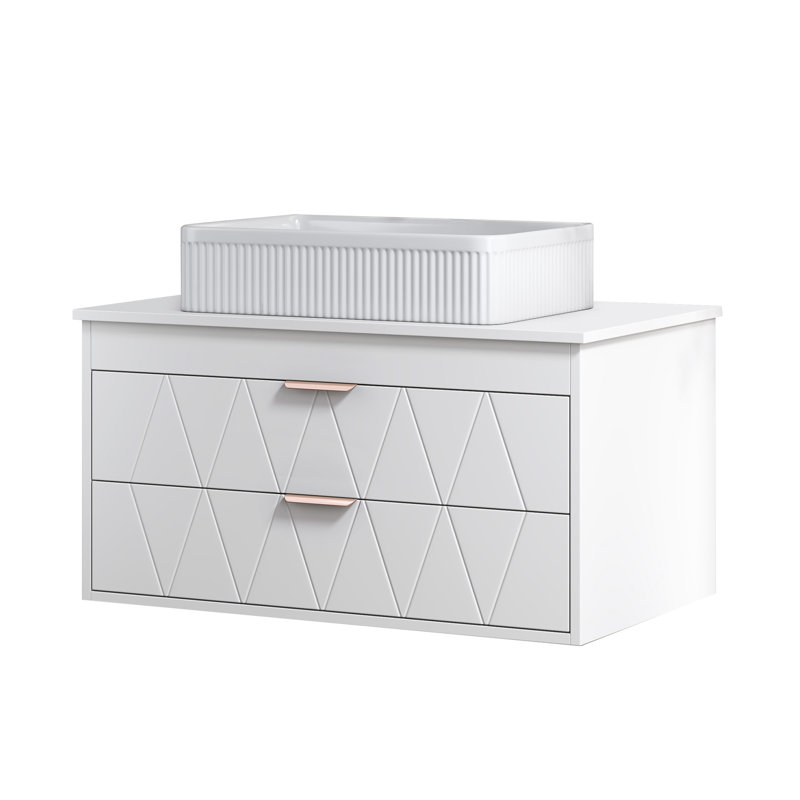 Meuble-lavabo flottant de 32 po de largeur avec lavabo vasque en céramique et 2 tiroirs, bois massif, blanc et or rose