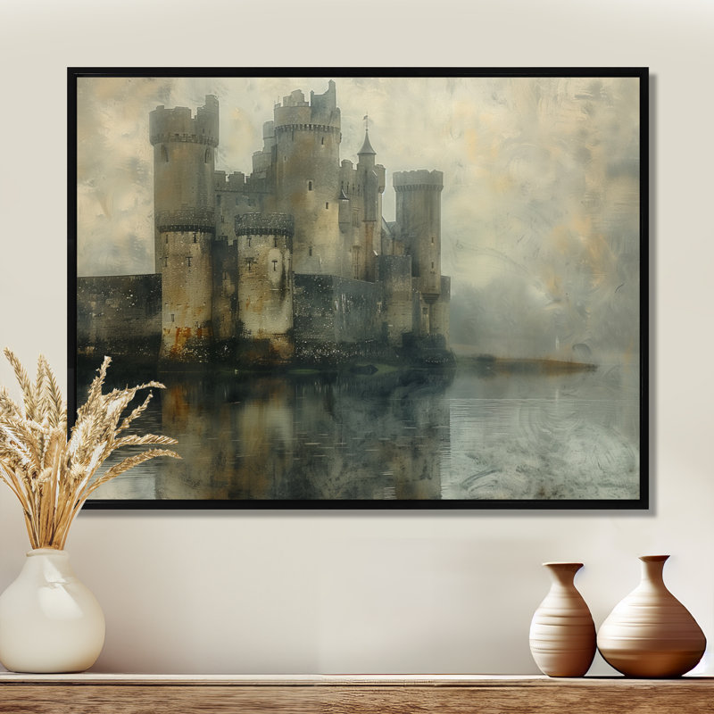 Impression d'art mural gris et beige, château d'hiver médiéval, H 16 po x l 32 po x P 1 po, Toile avec cadre flottant noir