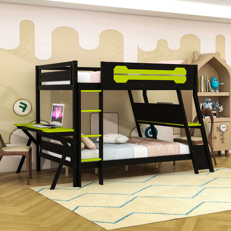 Lit superposé avec ports USB intégrés et panneau perforé, double bureau, Lit superposé double sur double, Vert
