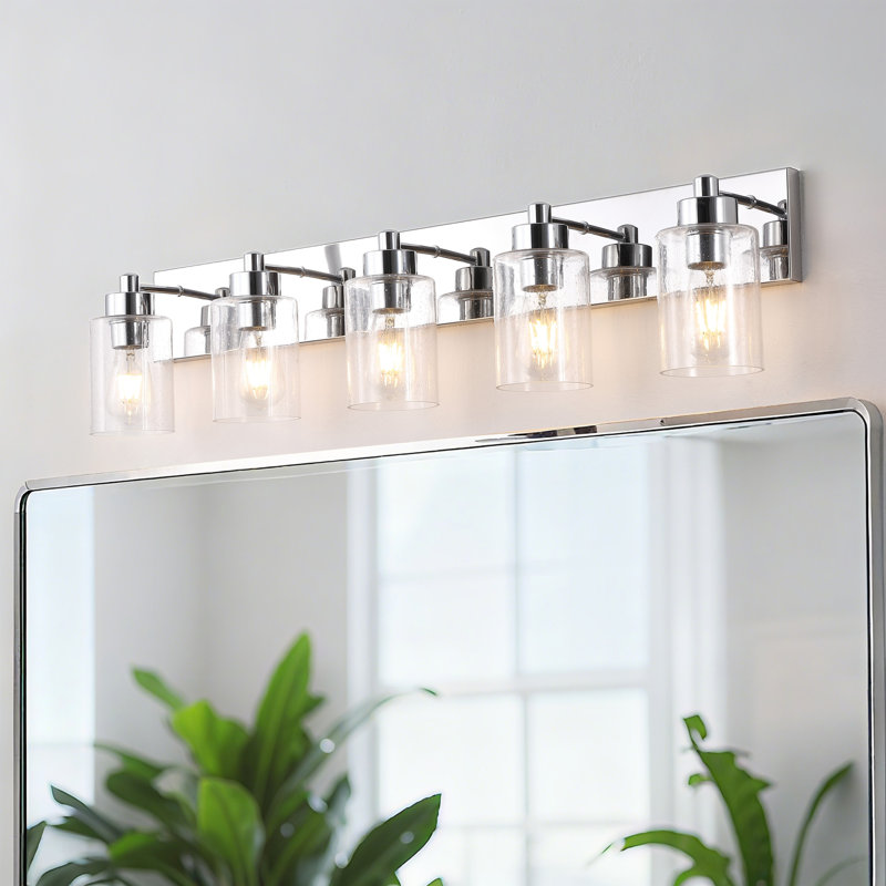 Stover Seeded Glass/Iron Modern Contemporary LED Vanity Light, 5 Lights, Chrome