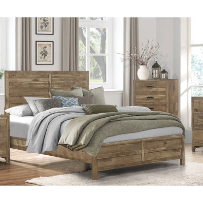 Structure de lit double de style rustique avec finition en pin patiné, esthétique moderne, tête de lit et rails pour la chambre à coucher, conception de ligne de sommier nécessaire, exigences