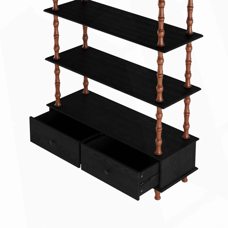 Bibliothèque avec bibliothèque et bibliothèque en bois de 74,4 pouces de hauteur, étagères et tiroirs de rangement noirs à 5 niveaux, tablettes modernes autoportantes en placage de bois massif, salon, salle d'étude, cuisine