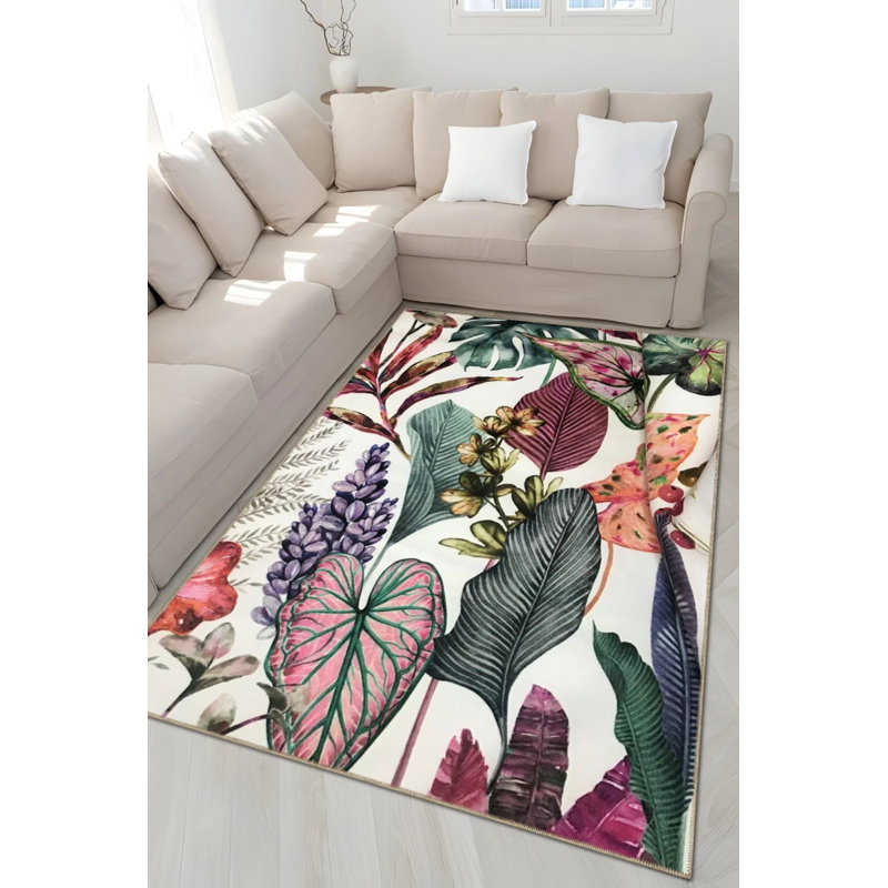 Multicolored Mixed Flowers And Plant Patterned Modern Decorative Carpet, Rectangle 2'4" x 4'