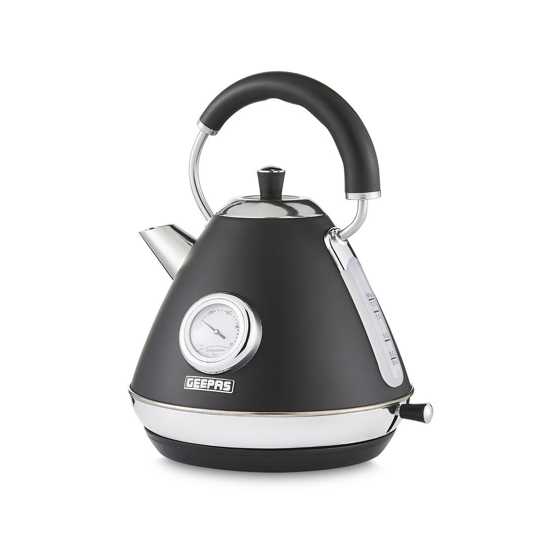 GEEPAS Retrovive Electric Kettle | Vintage Cordless Stainless Steel Rapid Boil for Hot Water Tea Coffee | Auto Shut-Off 360° Swivel Base Temp Gauge Bo