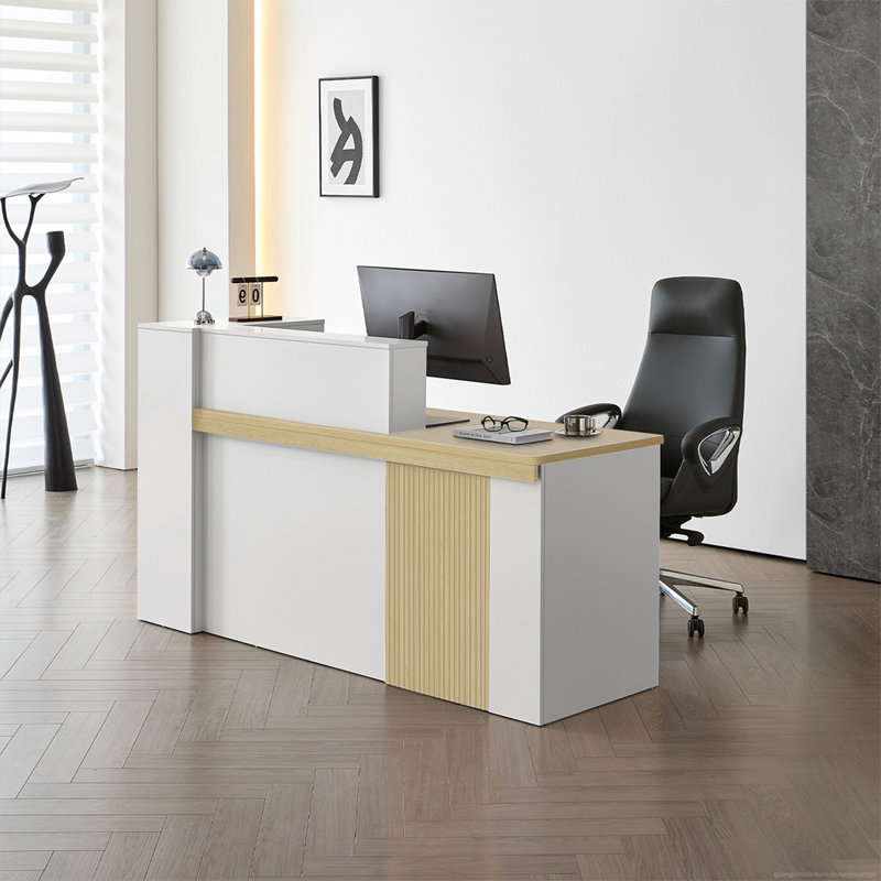 Bureau de réception ergonomique de luxe avec lumières DEL et rangement sécuritaire - Plateau en bois avec support blanc