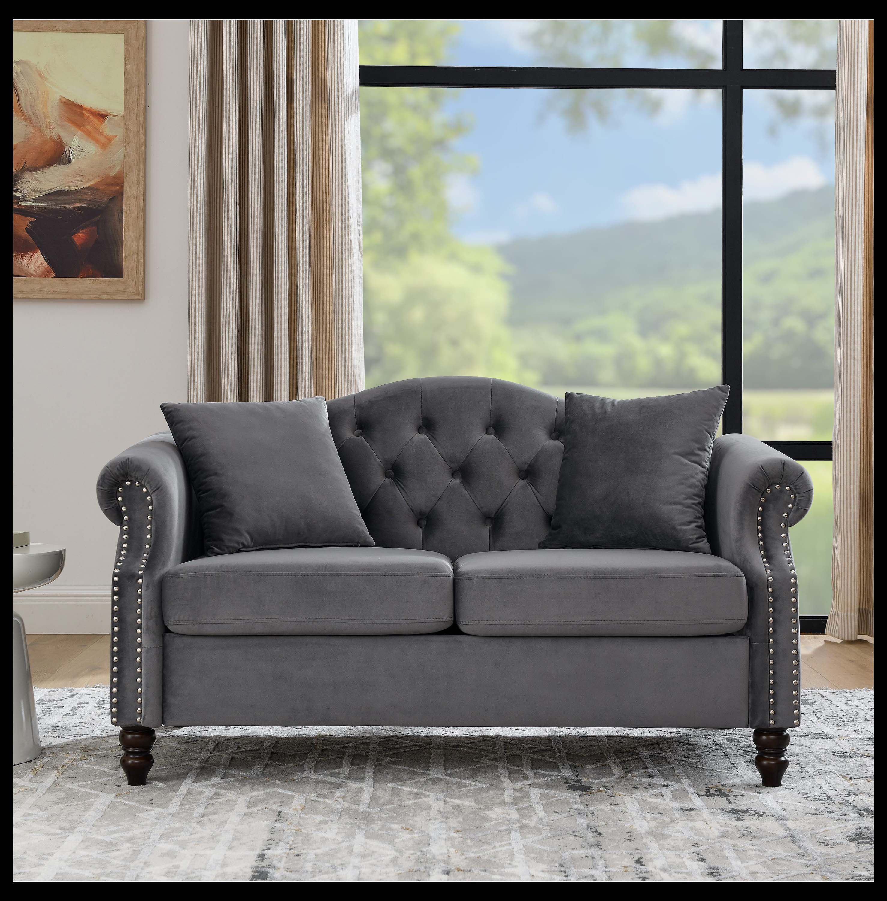Latitude Run® 57" Chesterfield Sofa Black Velvet for Living Room, 2 ...