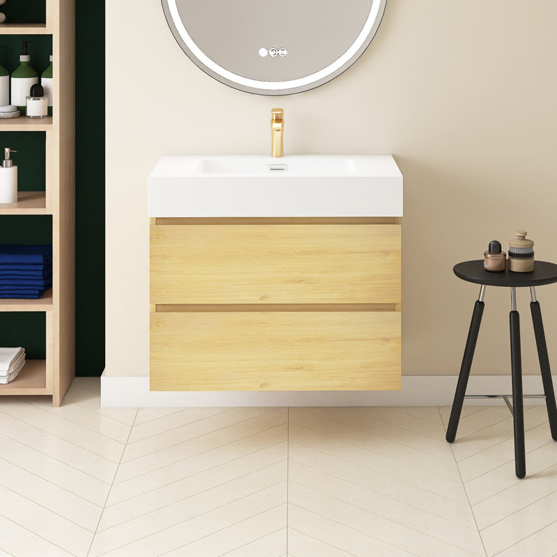 Louka 29.9'' Single Bathroom Vanity with Quartz Top, White, Oak