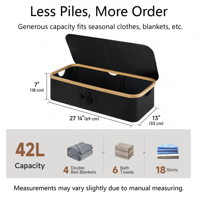 Underbed Storage Containers With Lids,Low Profile Under Bed Storage Box With Bamboo Frame For Clothes, Bedding, Blankets And Shoes,(Black)