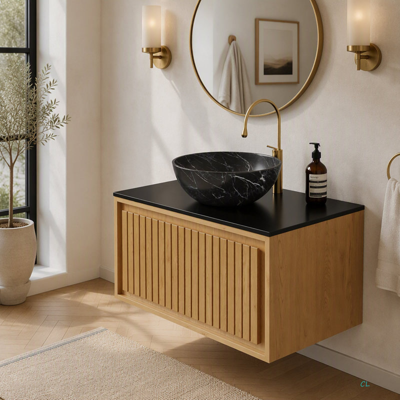 Meuble de rangement mural de salle de bain en contreplaqué de 76 cm (30 po) avec tiroir, comptoir en pierre frittée, sans lavabo, sans robinet ni couvercle de lavabo.