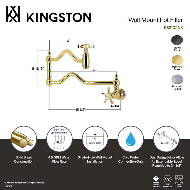Kingston Brass Hamilton Two-Handle 1-Hole Wall Mount Pot Filler Faucet, Polished Brass