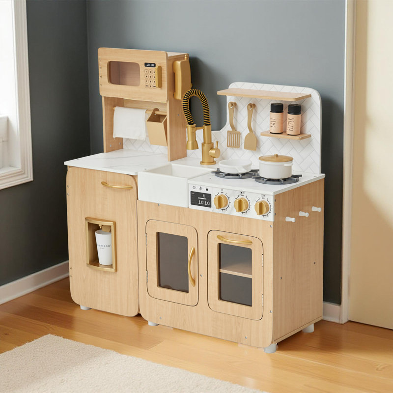 Ensemble de cuisine de jeu Teamson Kids Little Chef Chypre en bois avec 14 accessoires, dosseret en faux marbre et accents dorés