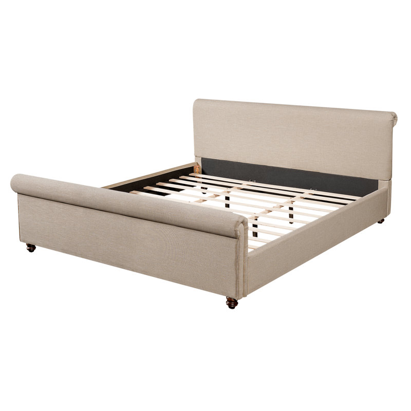 Guinel Modern Transitional Linen Blend Upholstered Platform Bed with Thick Headboard and Solid Wood Legs, Sand, King