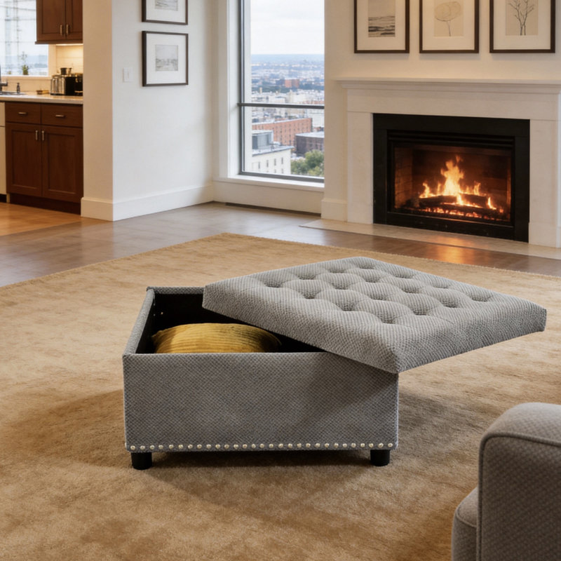 Upholstered Tufted Storage Square Ottoman With Nailhead Trim, Light Gray