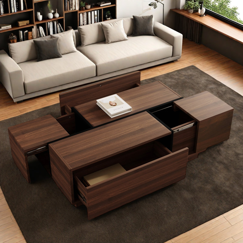 Rectangular Sliding Top Coffee Table With 2 Drawers And 2 Hidden Storage Compartments