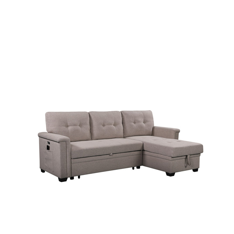 84" Light Gray Reversible Sleeper Sectional Sofa With Storage Chaise, USB Charging Ports And Pocket, Light Gray Linen