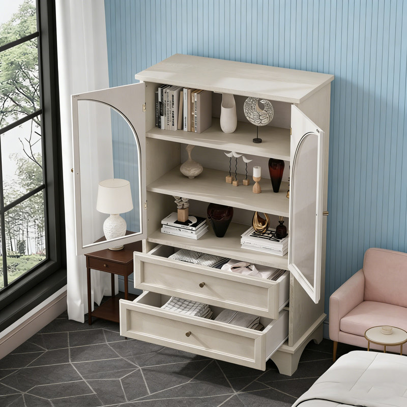 52.17 Inch H Glass Door Display Lilliam with Adjustable Shelf and Drawers for Versatile Home Storage, White