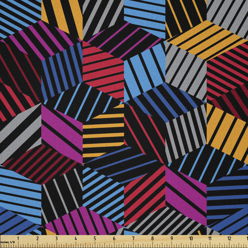 Dalana Stripped 3 Dimensional Cube Pattern Vibrant Color Palette Eighties Design Fabric