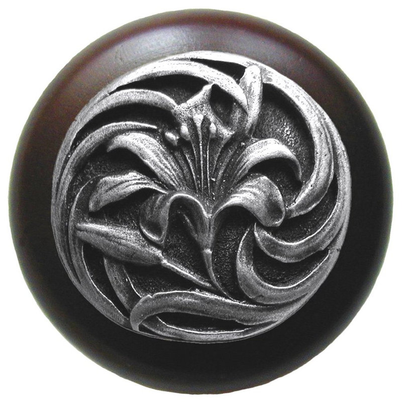 Poignée champignon floral de 1,5 po de diamètre, Étain antique / bois de noyer foncé