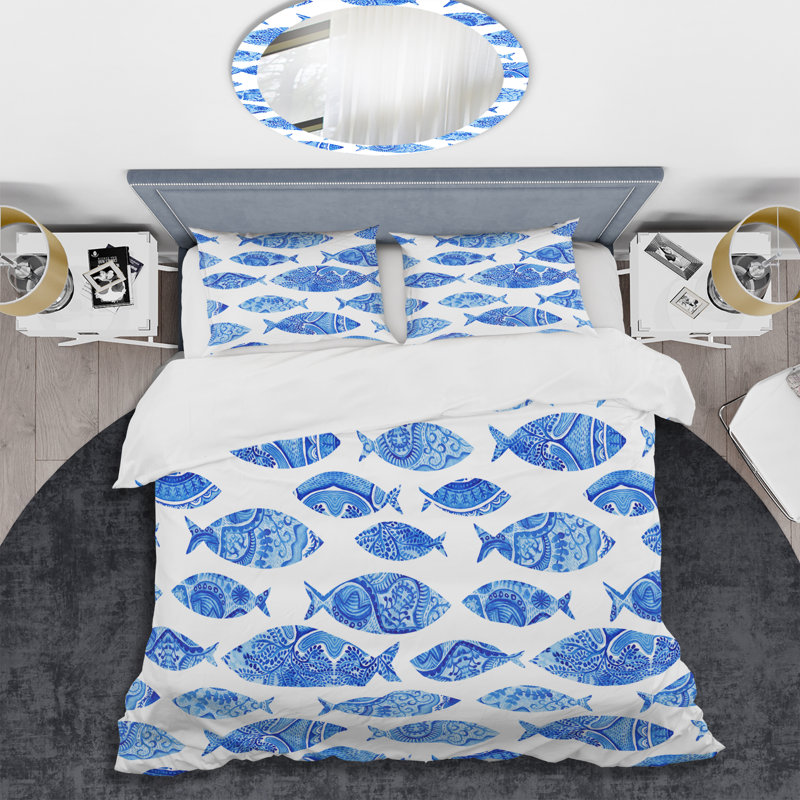 Ensemble de housse de couette nautique et côtier, Housse de couette pour grand lit et 2 taies décor, Poisson