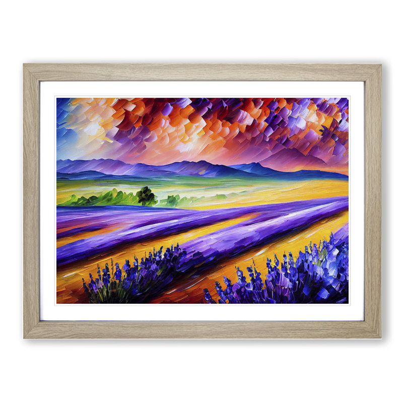 Striking Lavender Flower Field Abstract - Single Picture Frame Painting, 25cm H x 34cm W x 2cm D, Oak