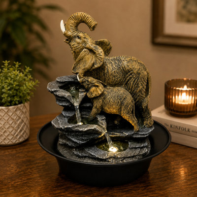 Fontaine cascade avec lumière DEL - petite fontaine d'intérieur 12 x 9 pouces Safari Elephant Family
