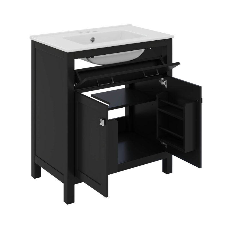 60" Bathroom Vanity Set, Double Vanities, Double Ceramic Sinks, Storage Shelf, And Divided Drawers, Noir