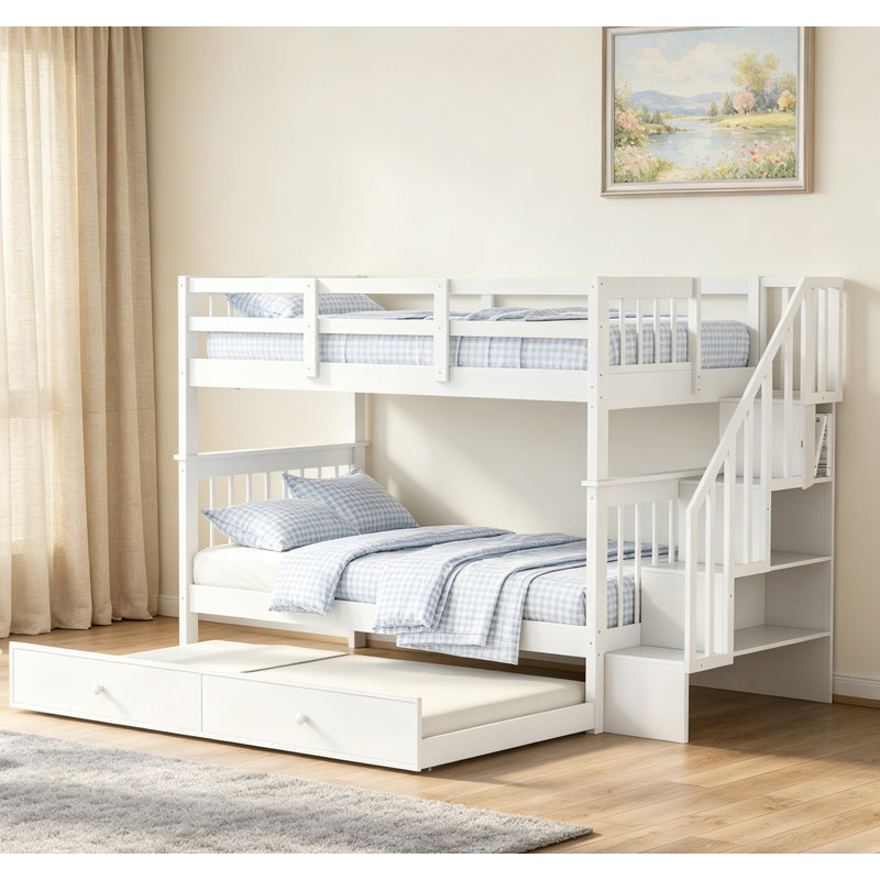 Lit superposé simple au-dessus de simple avec lit gigogne, rangement et structure en pin durable Stairway, White