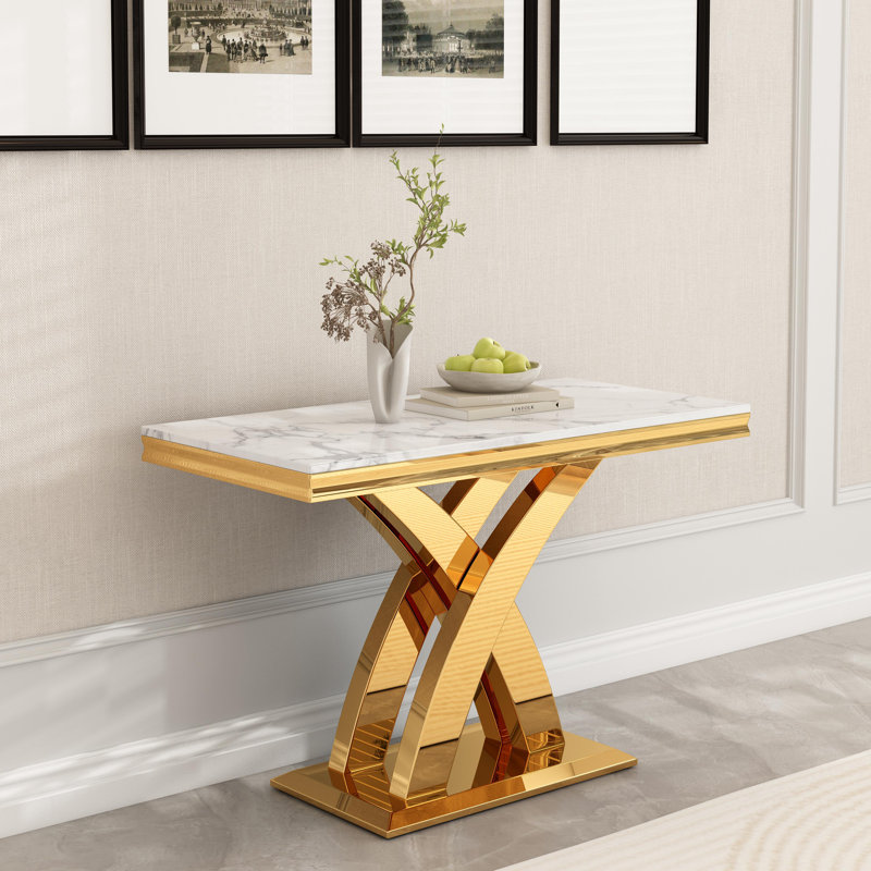 46.85" Console Tables For Entryway With Luxury Mirrored Double X-base, Gold, Matte White
