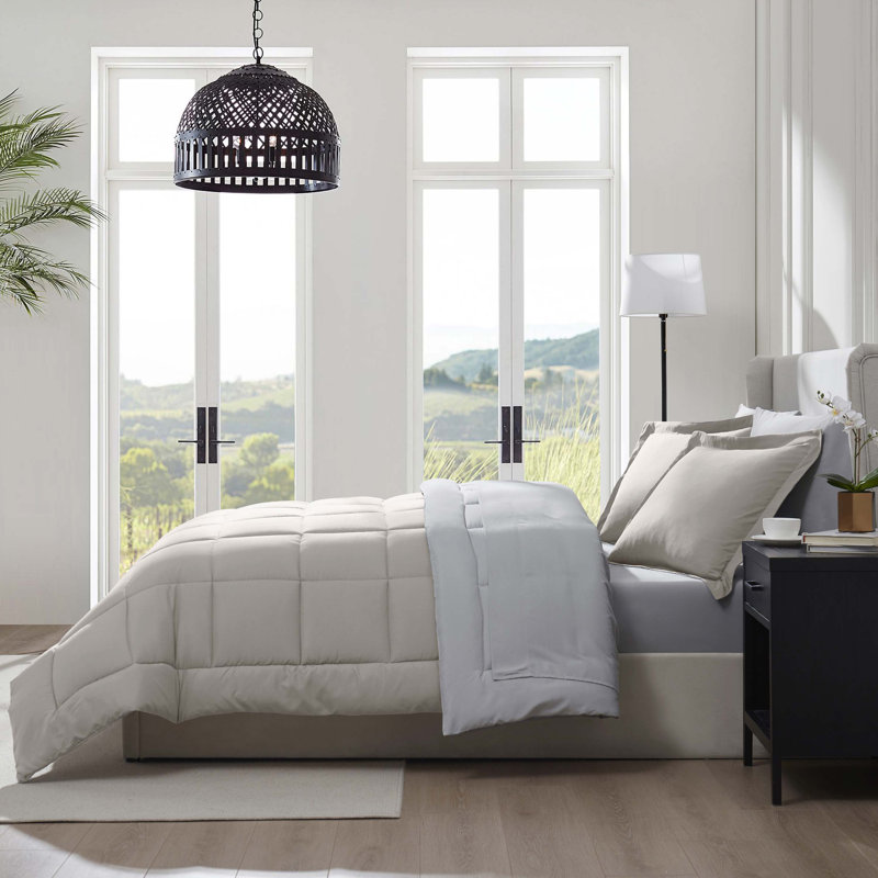 Beige and Light Grey Queen Microfiber Reversible Comforter Set